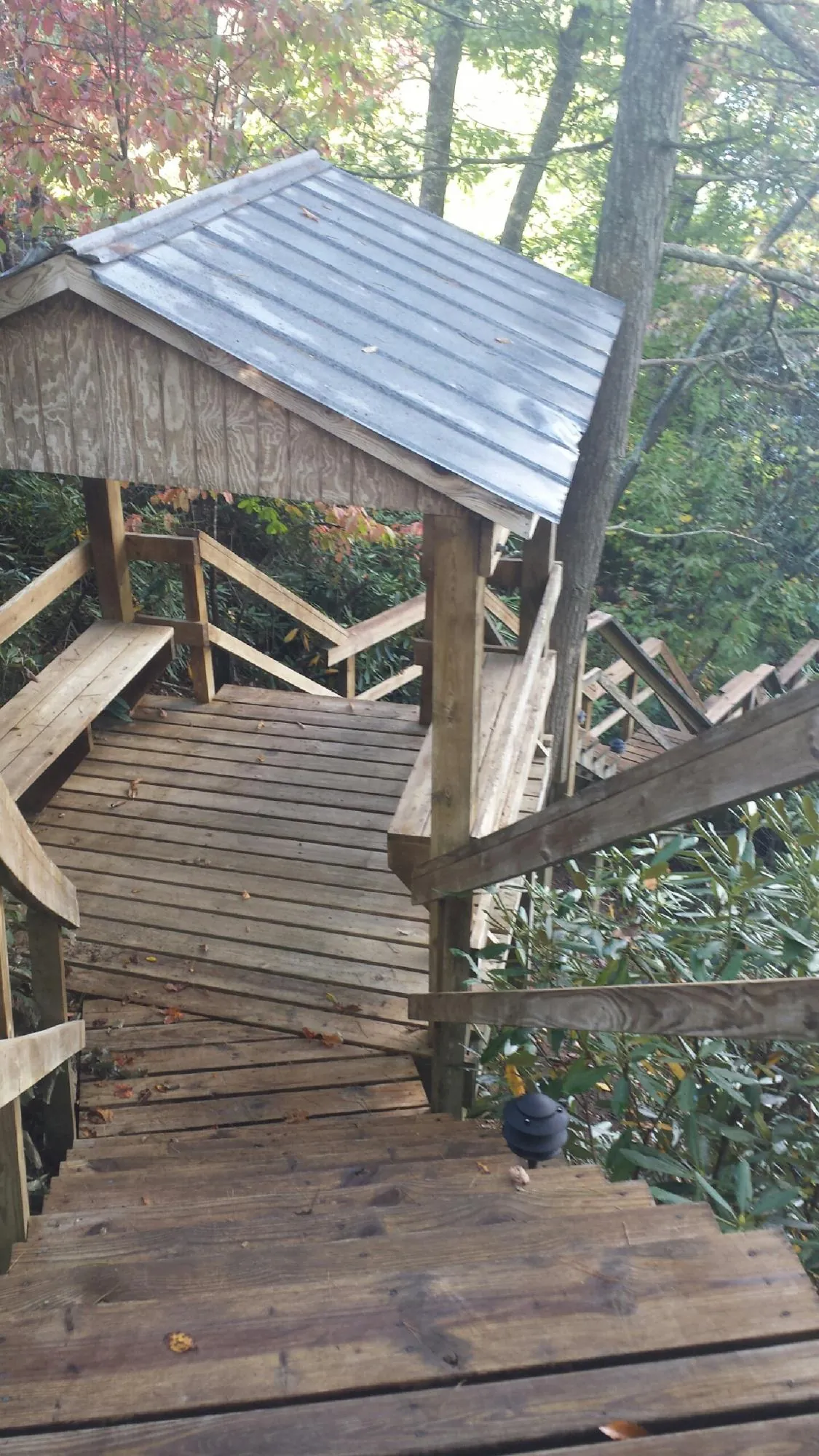 Metal roofed shelter over wooden steps on a wooded walkway — Skylight Repair & Installation work by our crew in Vanceboro